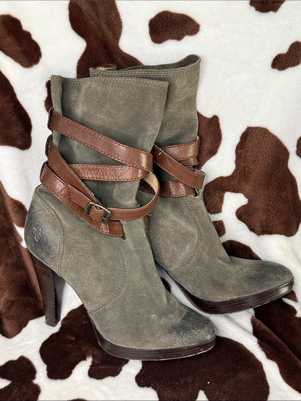 Frye Gray Suede Heeled Ankle Boots with Brown Leather Wrap Straps